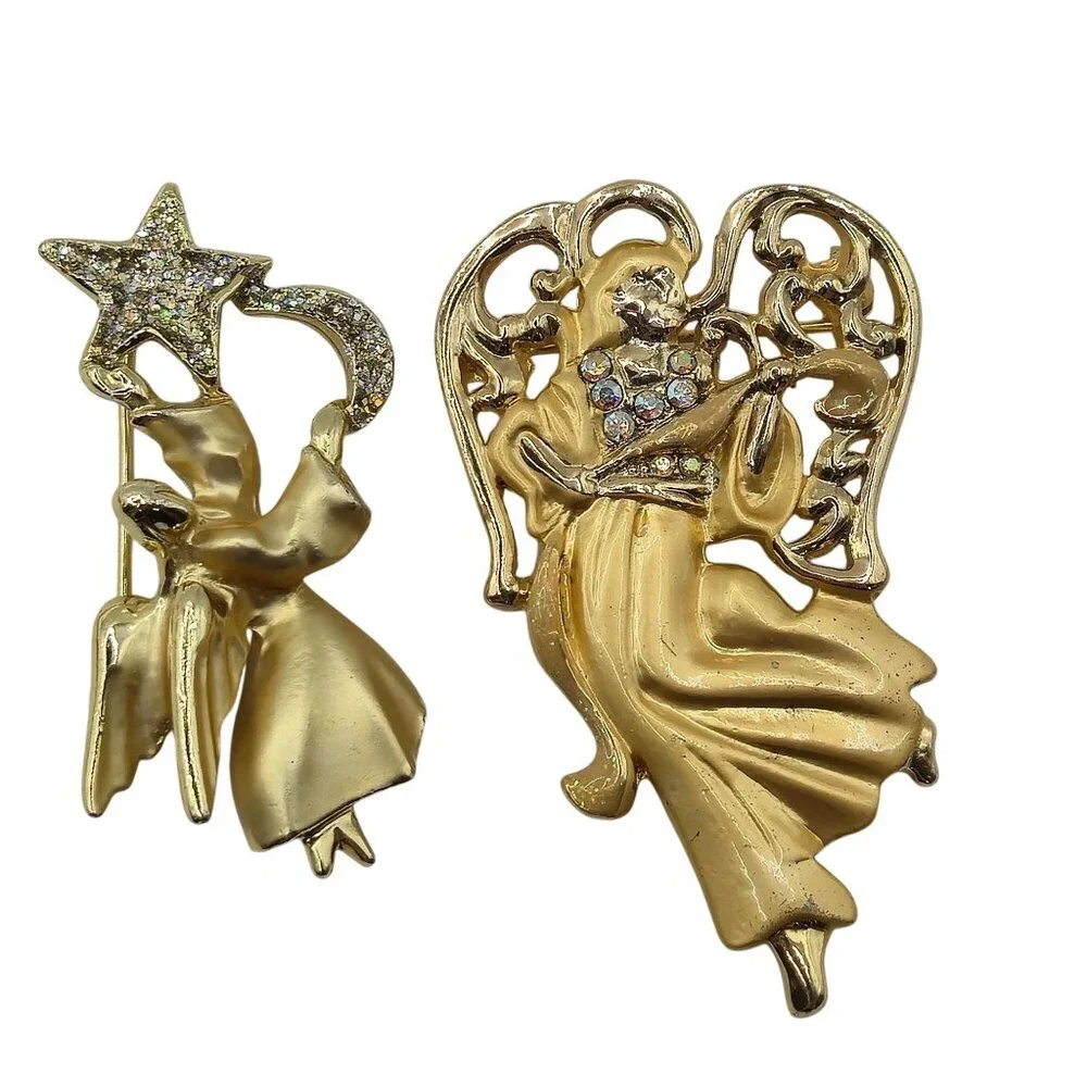 Festive Joy Holiday Gold Tone Angels Religious Faith Christian Brooch Pins‎ 2PC